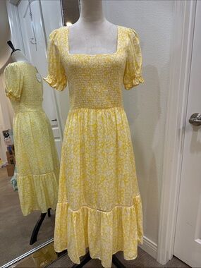 Lost + Wander Yellow Floral Square-Neck Midi Dress NWT